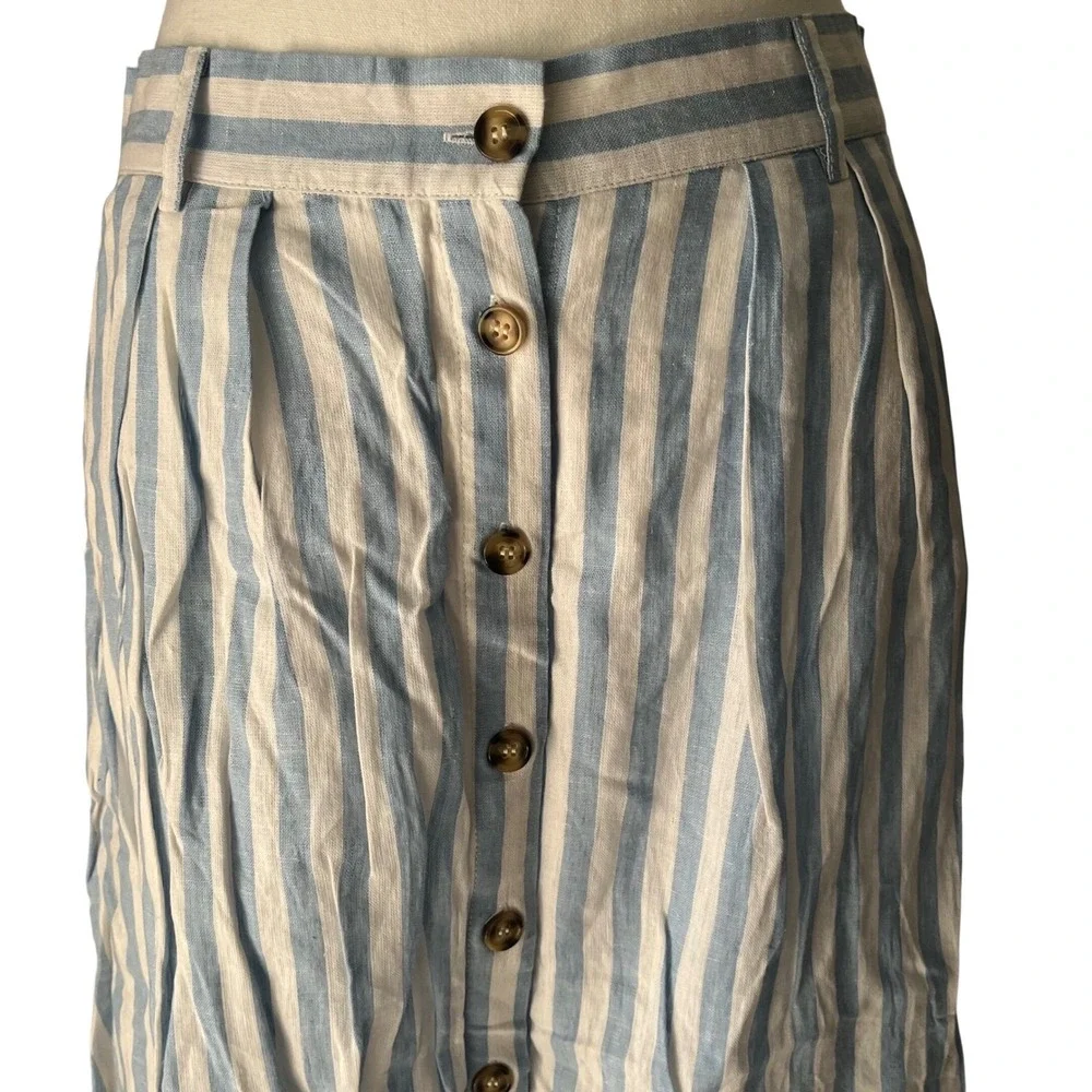 Everly Blue White Striped Linen Blend Button Front Midi Skirt Womens Large‎